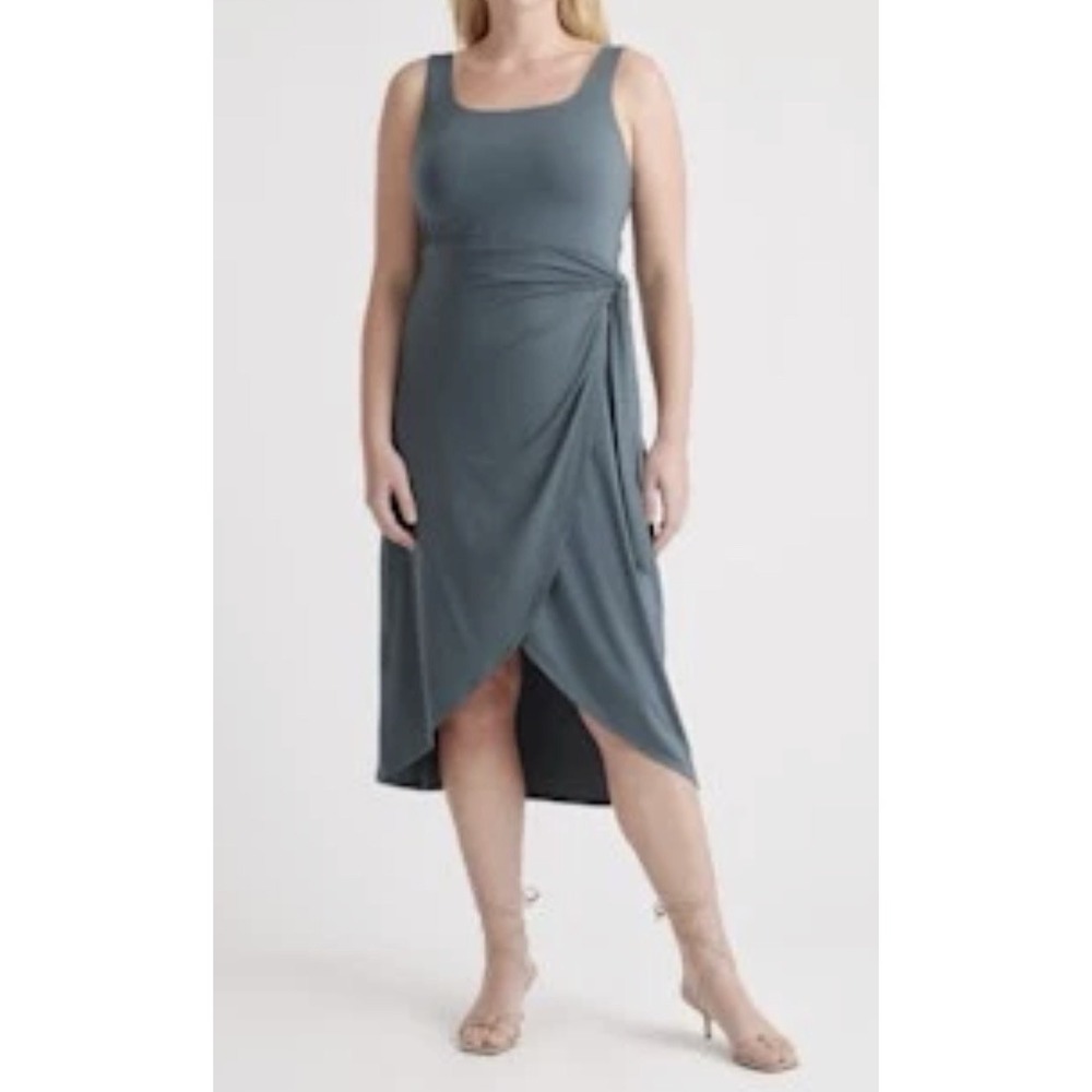 Quince Women's Sz M Tencel Jersey Side Tie Midi Dress Dark Olive Gray Wrap Dress